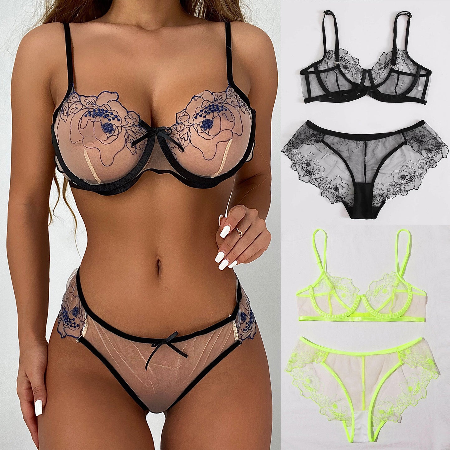 Mesh Embroidered Sheer Lingerie Set