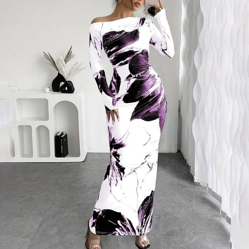 Off-Shoulder Floral Stretchy Tie-Dye Dress