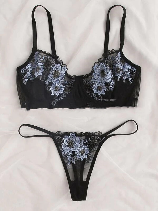 Tempting Embroidered Lace Lingerie Set