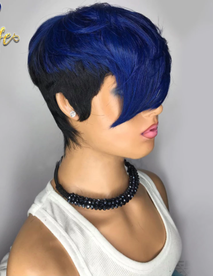 Blue Ombre Colored Pixie Cut 100% Remy Human Hair Wig