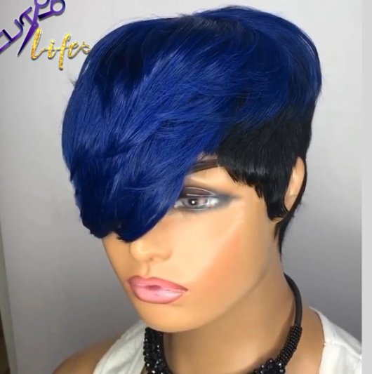 Blue Ombre Colored Pixie Cut 100% Remy Human Hair Wig