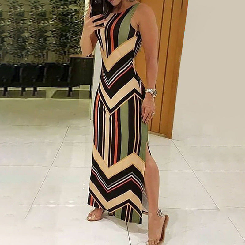 Colorful Striped Print Long Sleeveless Dress
