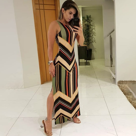 Colorful Striped Print Long Sleeveless Dress