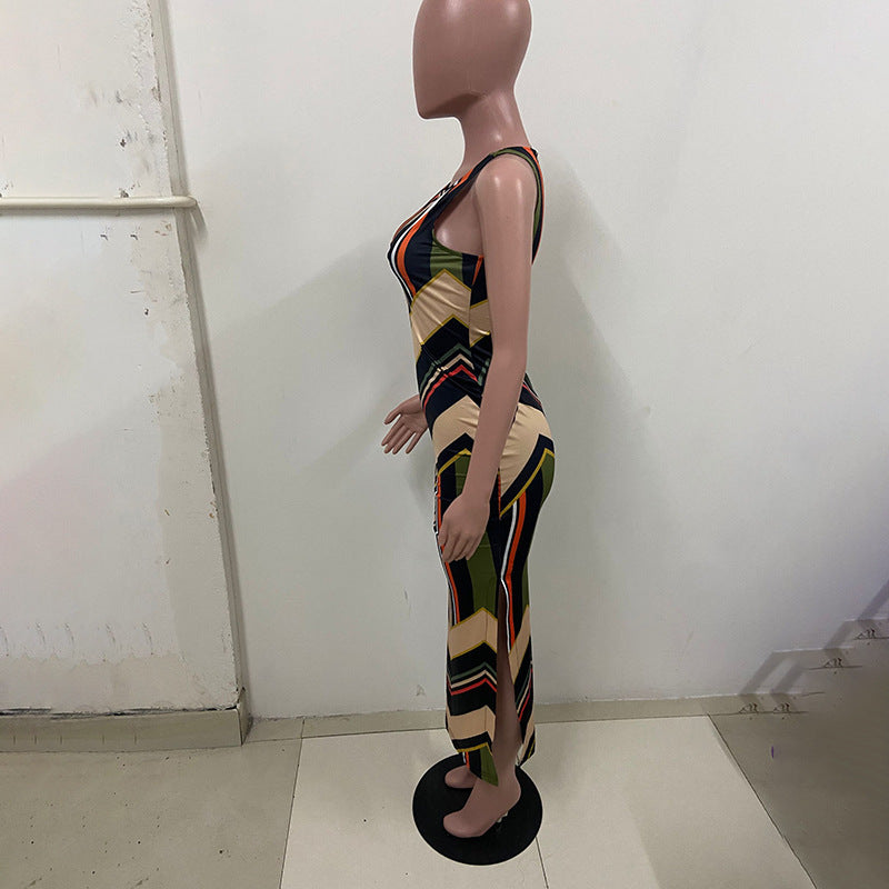 Colorful Striped Print Long Sleeveless Dress