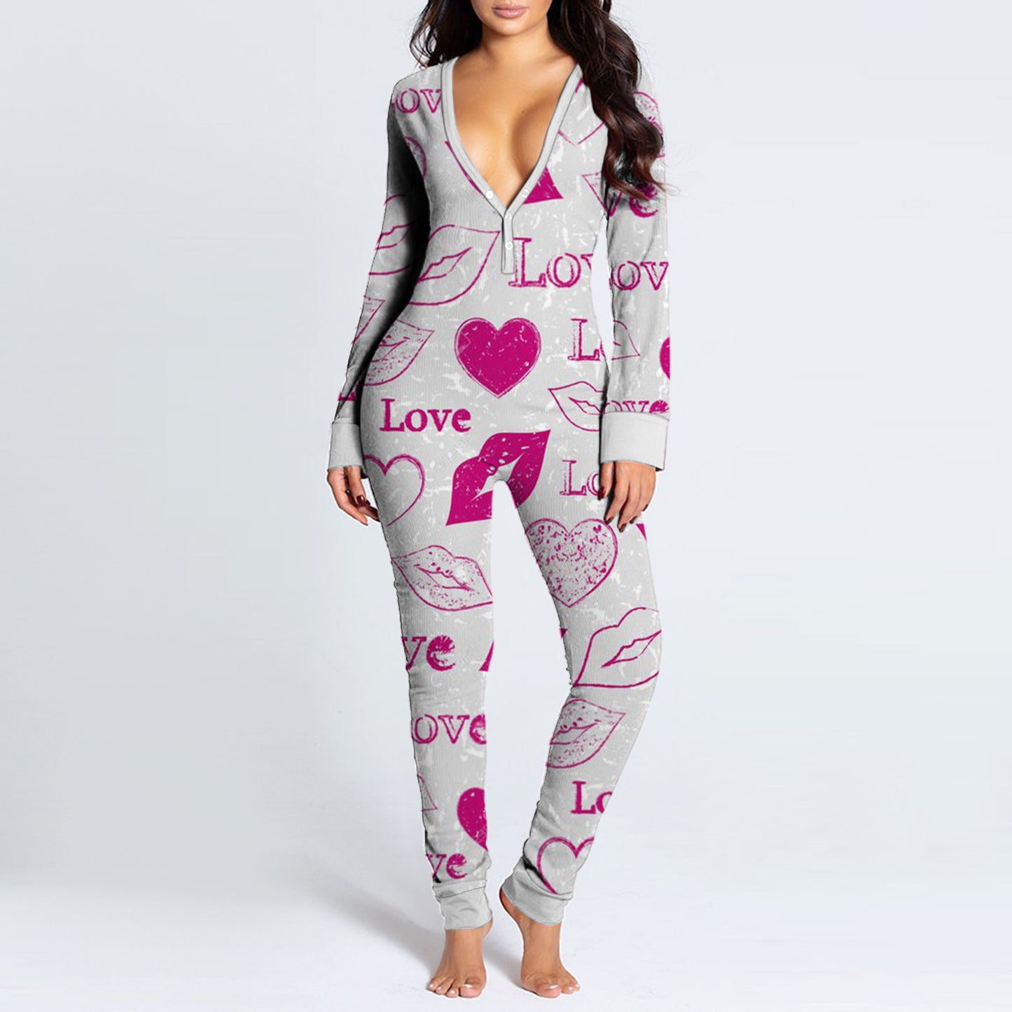 Women's Pajama Jumpsuit Print Deep V
