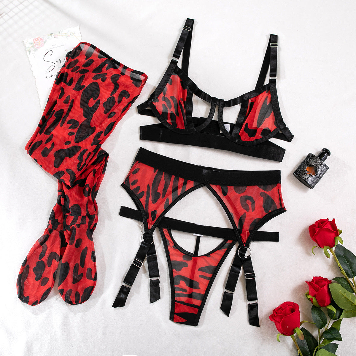 Wild Leopard Print Mesh Lingerie Set