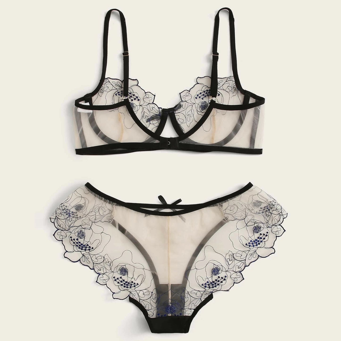Mesh Embroidered Sheer Lingerie Set