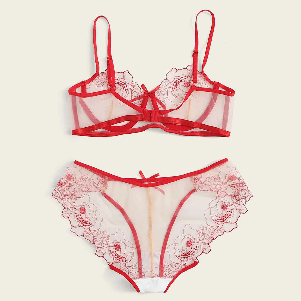 Mesh Embroidered Sheer Lingerie Set