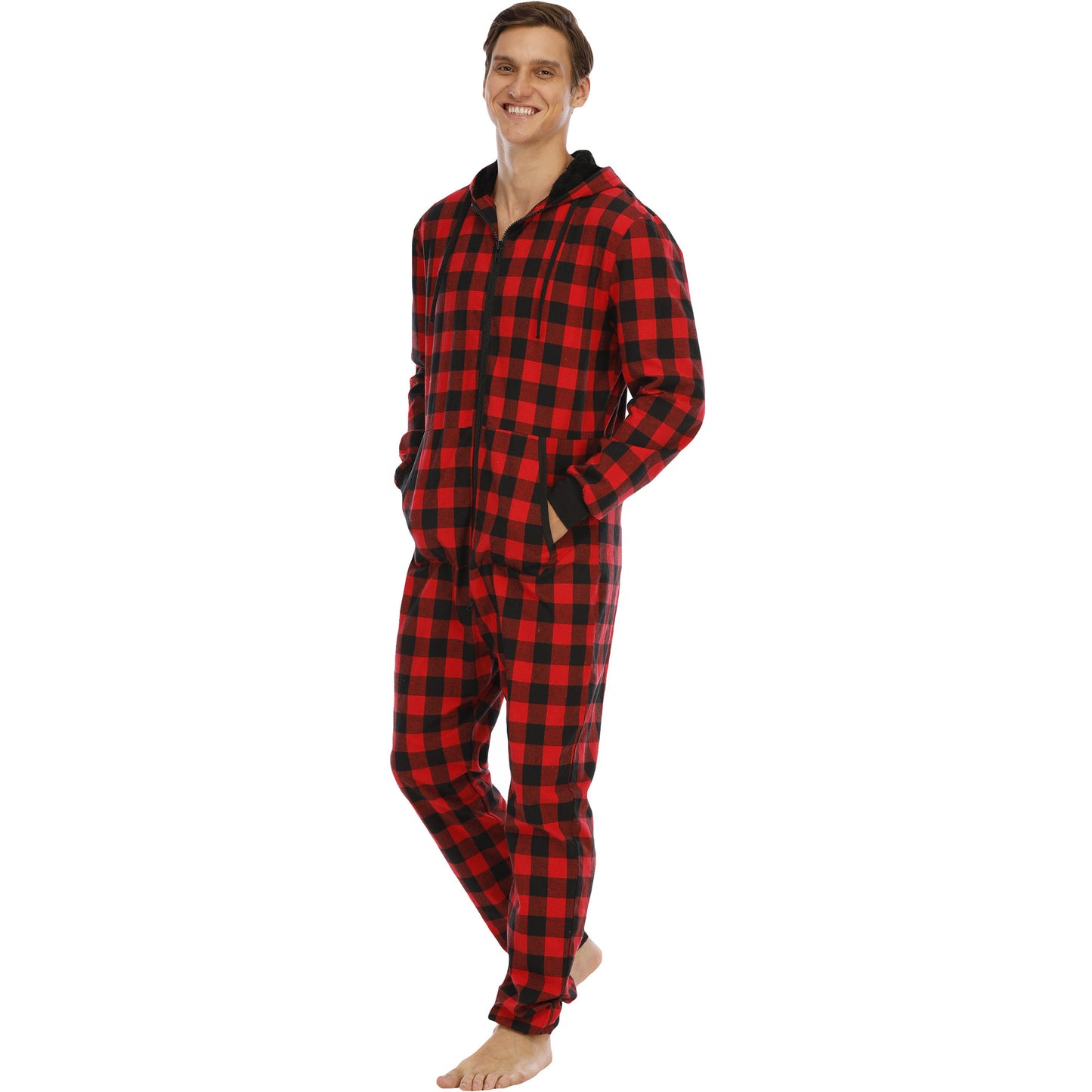 Flannel Checkered Hooded One-Piece Pajamas