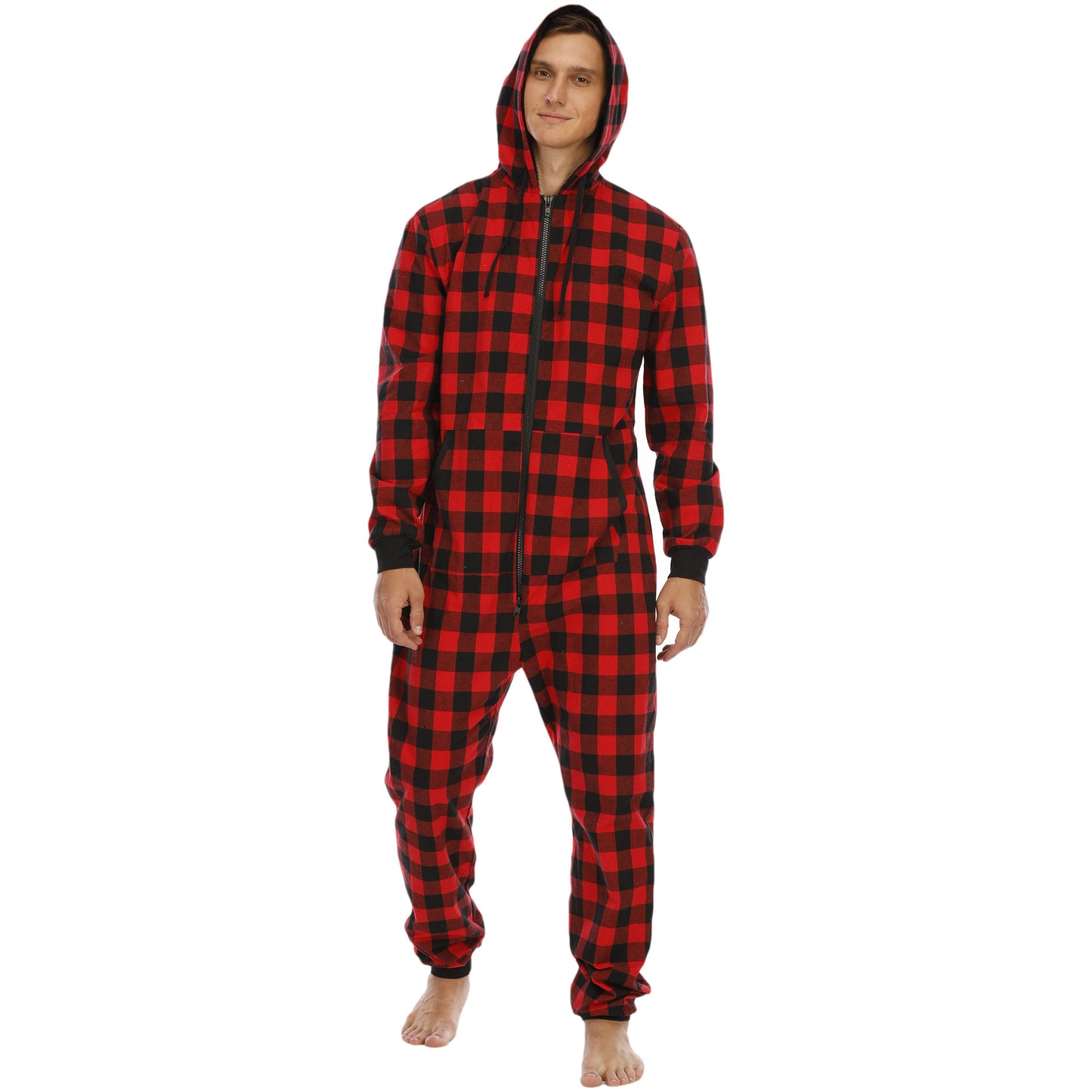 Flannel Checkered Hooded One-Piece Pajamas