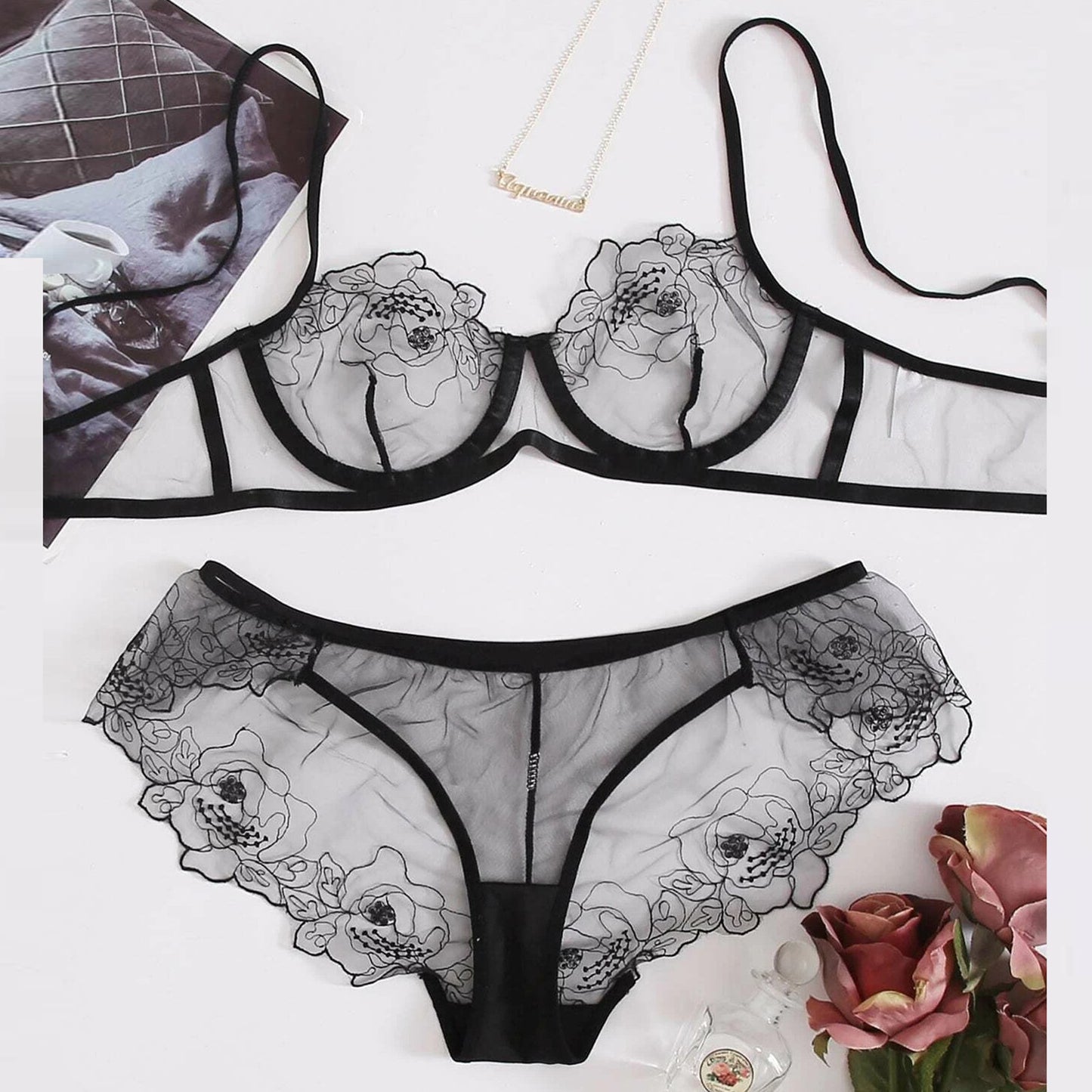 Mesh Embroidered Sheer Lingerie Set
