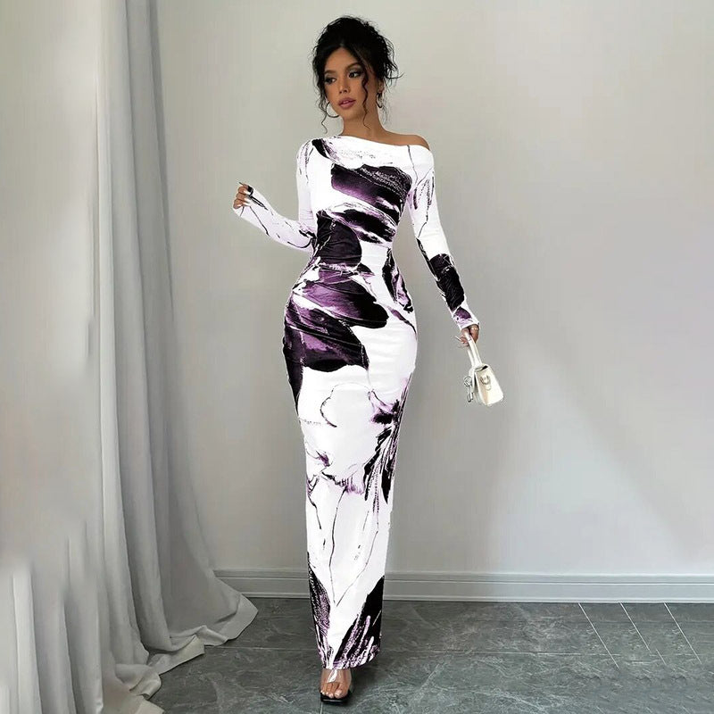 Off-Shoulder Floral Stretchy Tie-Dye Dress