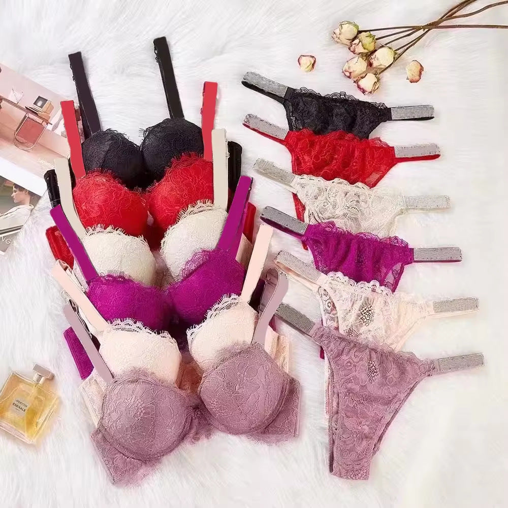 Lace Rhinestone Bra Set