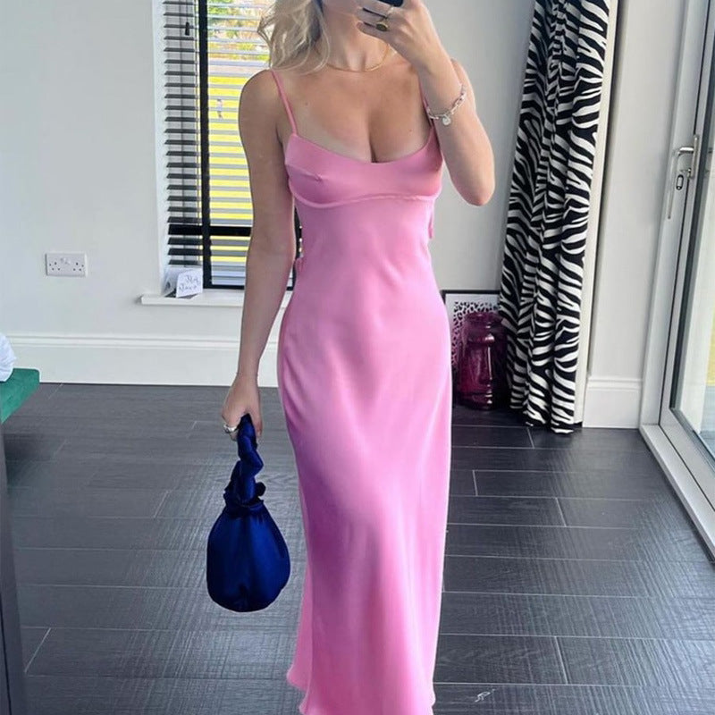 Elegant Backless Pink Satin Dress