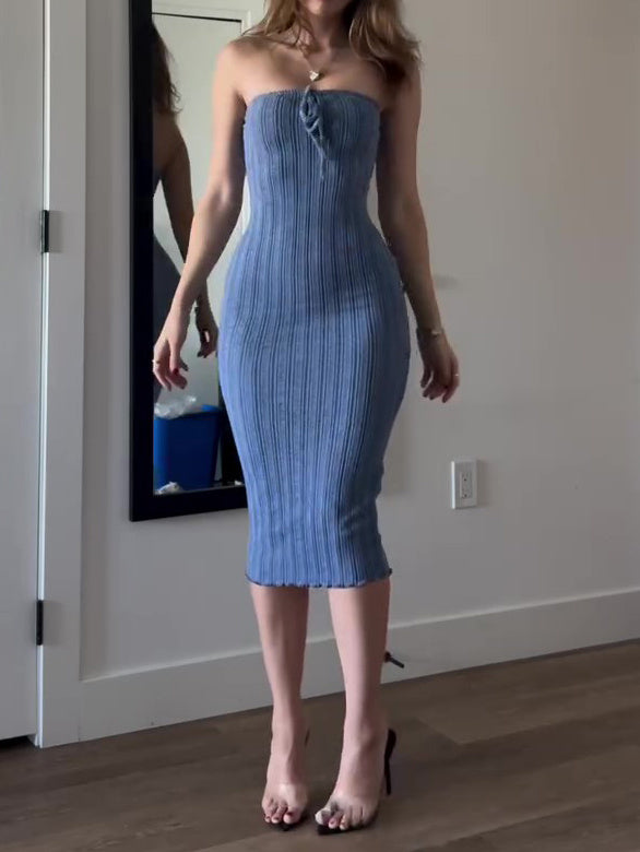 Haze Blue Knitted Tube Top Dress
