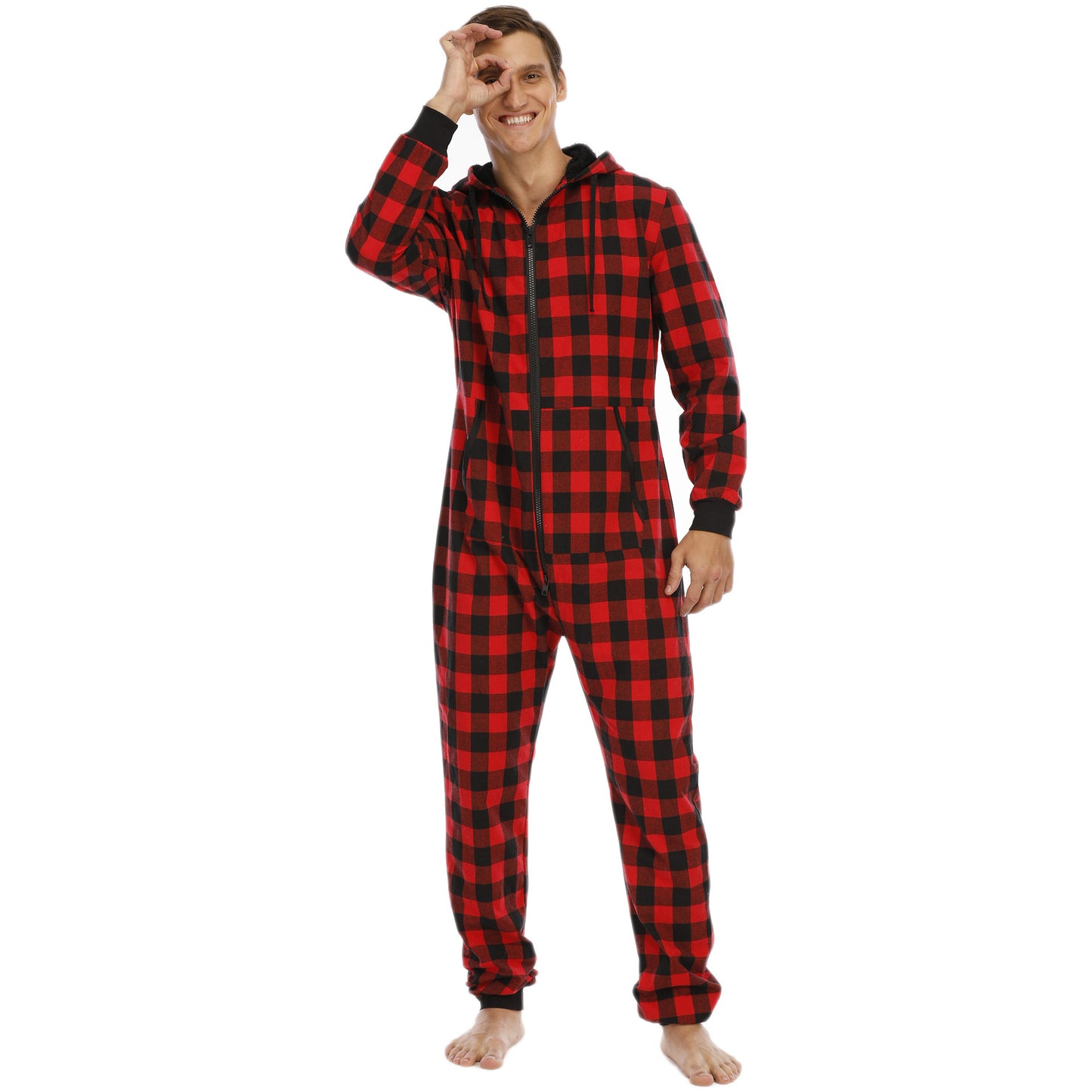 Flannel Checkered Hooded One-Piece Pajamas