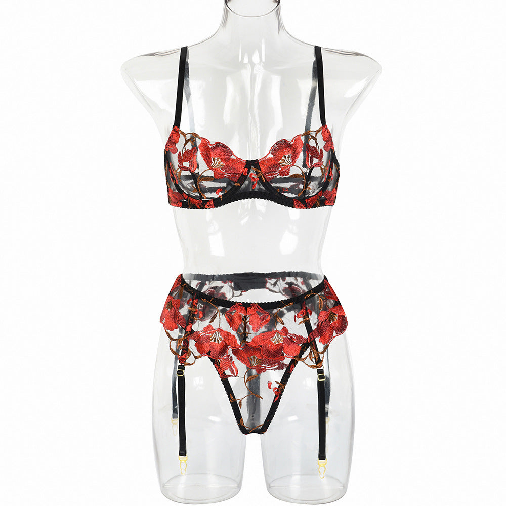 Valentine's Day Red Embroidered Flowers Lingerie Set