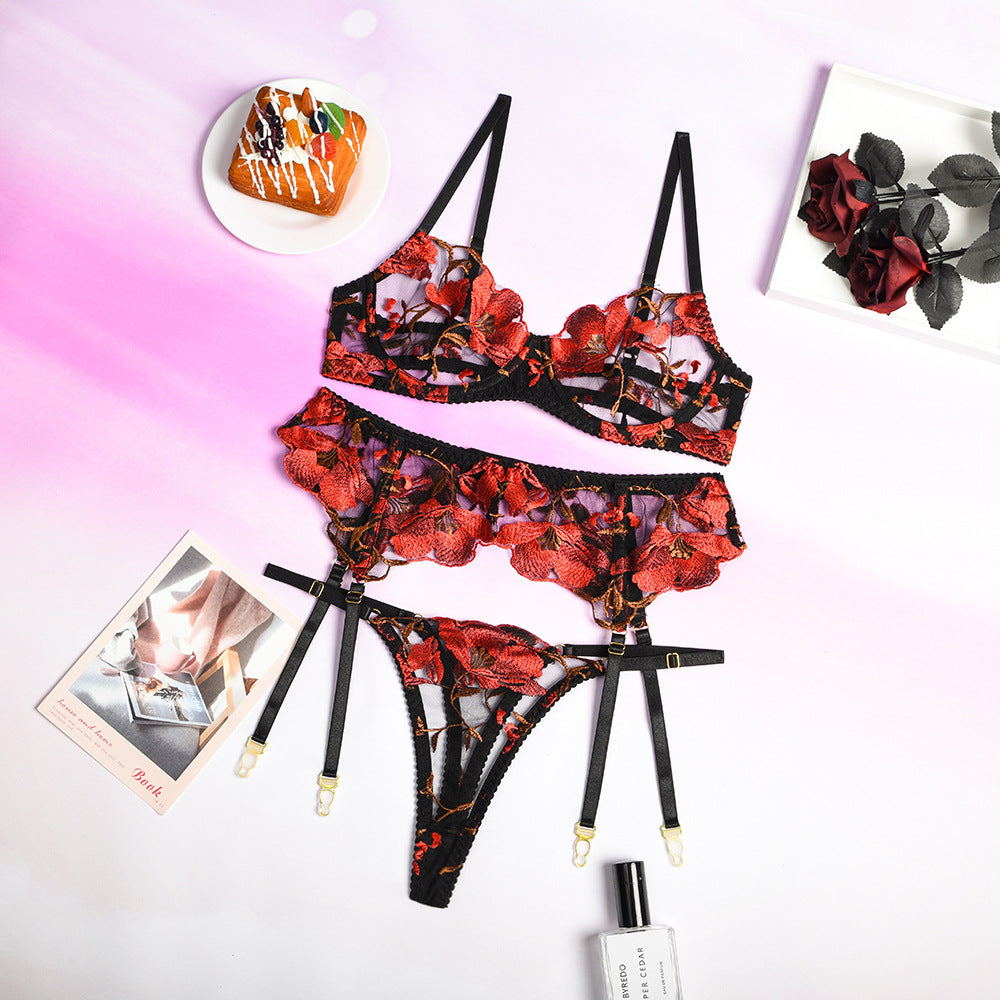 Valentine's Day Red Embroidered Flowers Lingerie Set