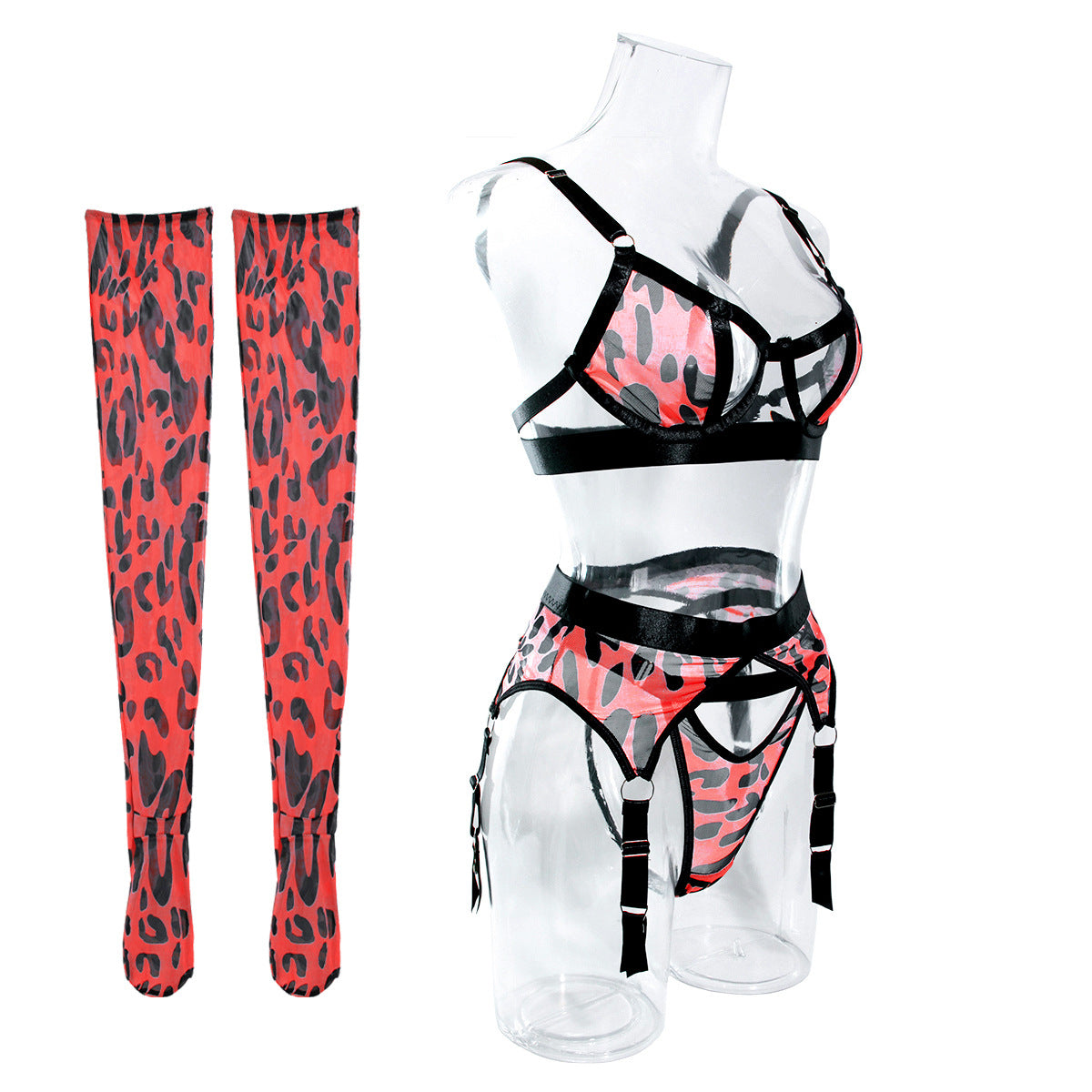 Wild Leopard Print Mesh Lingerie Set