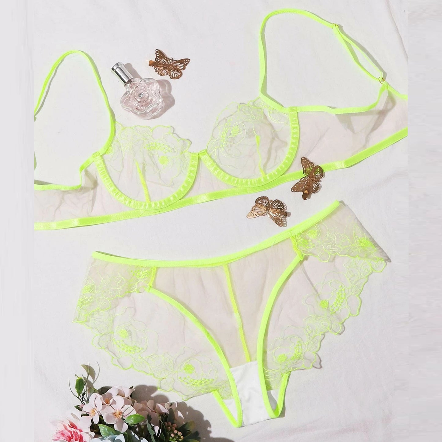 Mesh Embroidered Sheer Lingerie Set