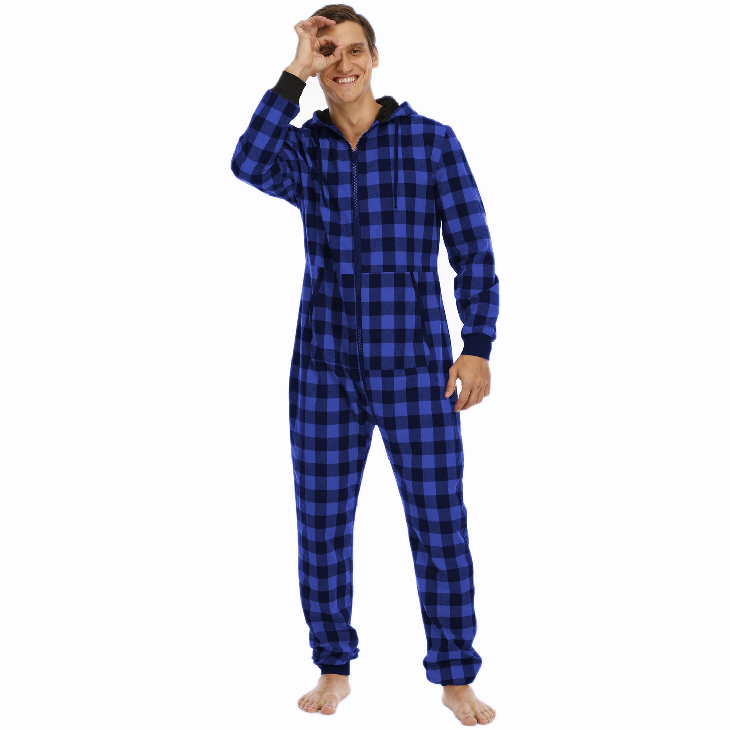 Men's Flannel Check Hooded One-piece Pajamas