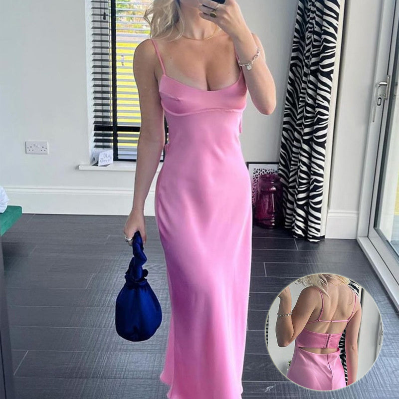 Elegant Backless Pink Satin Dress