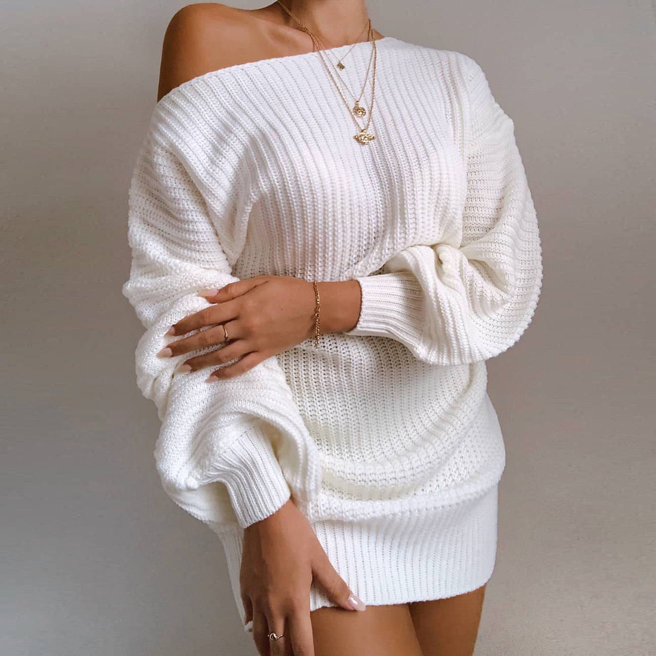Elegant Autumn Off Shoulder Knitted Sweater Dress