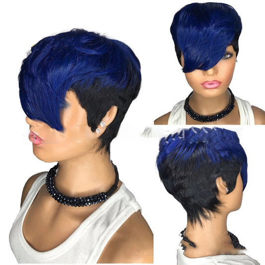 Blue Ombre Wavy Colored Short Straight Bob Pixie Cut 100 Remy Human Hair Wig