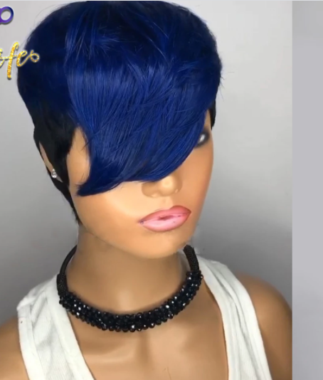 Blue Ombre Colored Pixie Cut 100% Remy Human Hair Wig