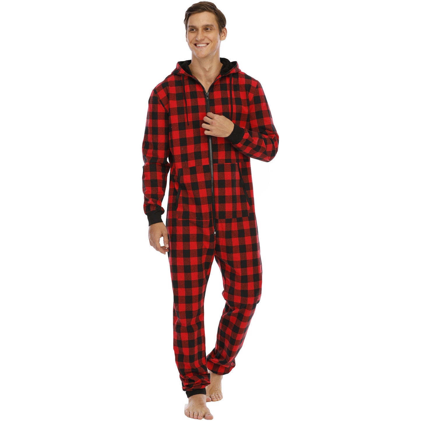 Men's Flannel Check Hooded One-piece Pajamas