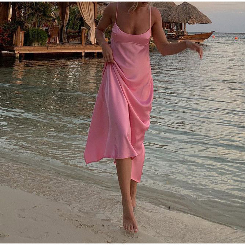 Elegant Backless Pink Satin Dress