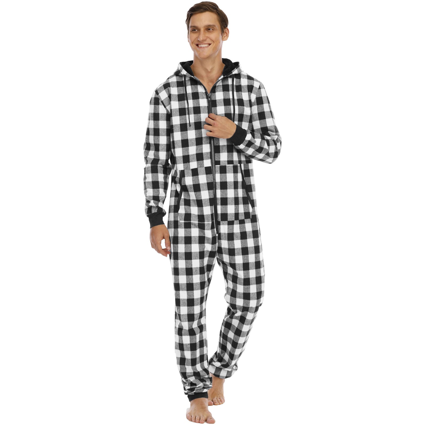 Men's Flannel Check Hooded One-piece Pajamas