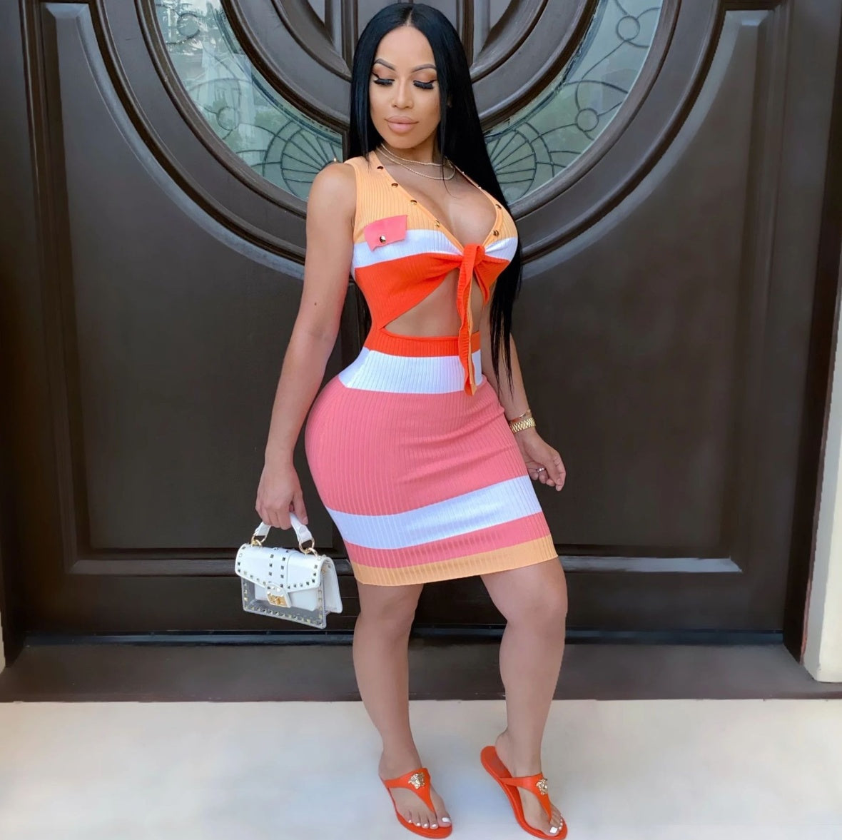 Bright Strip V-Neck Dress