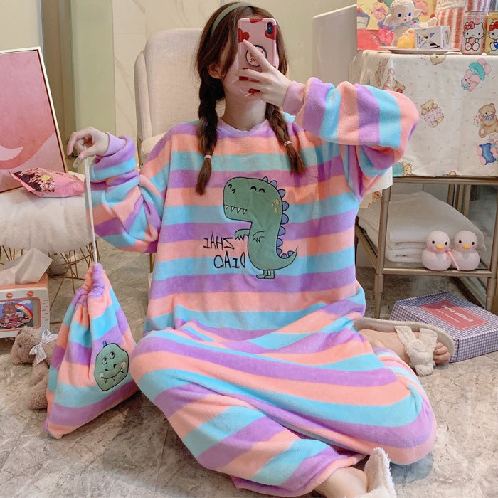 Winter Ladies Pajamas Home Service Flannel Cartoon Nightdress