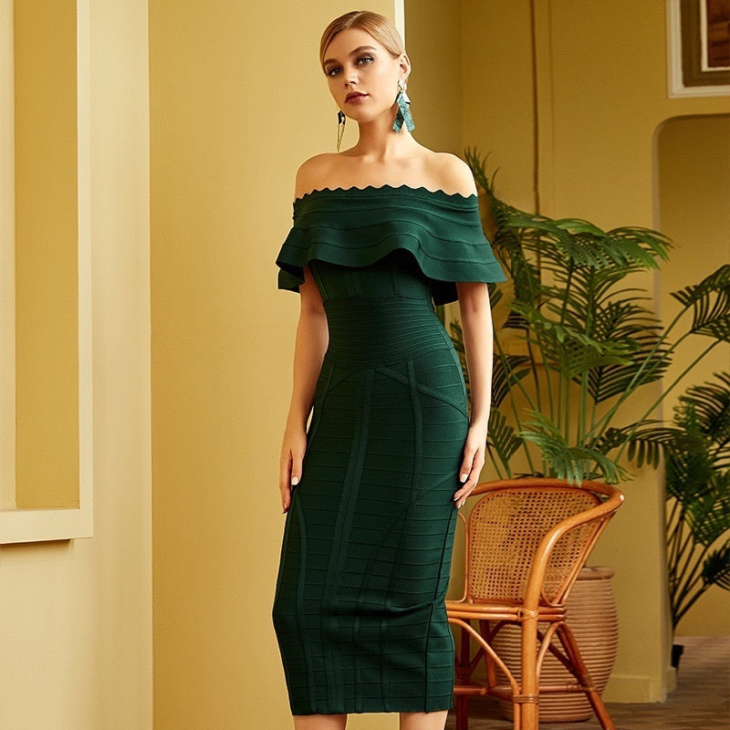 Green Off Shoulder Bandage Party Dress