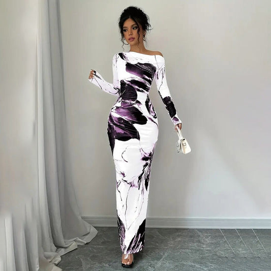 Off-Shoulder Floral Stretchy Tie-Dye Dress