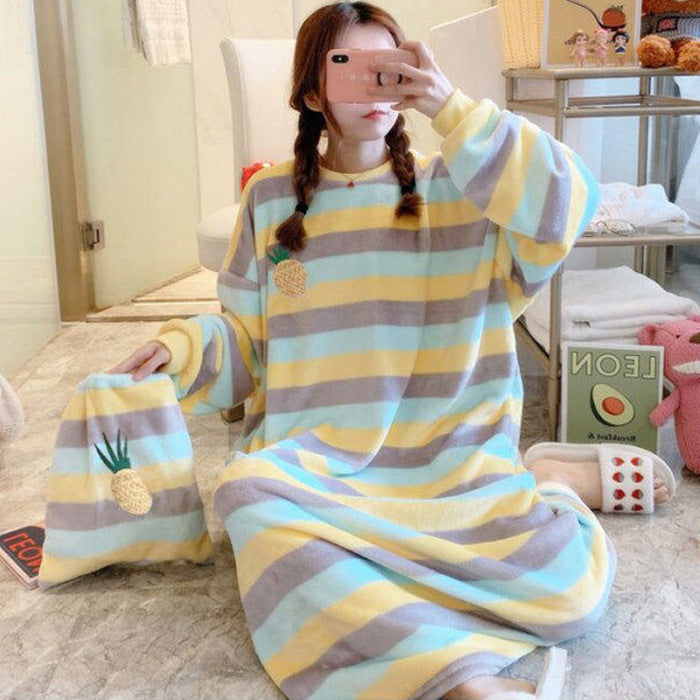 Winter Ladies Pajamas Home Service Flannel Cartoon Nightdress