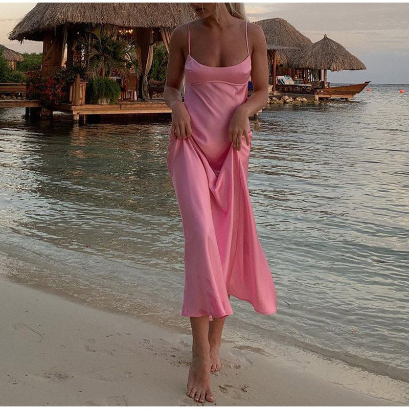 Elegant Backless Pink Satin Dress