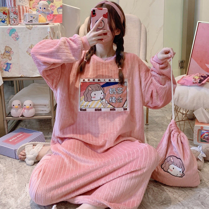 Winter Ladies Pajamas Home Service Flannel Cartoon Nightdress